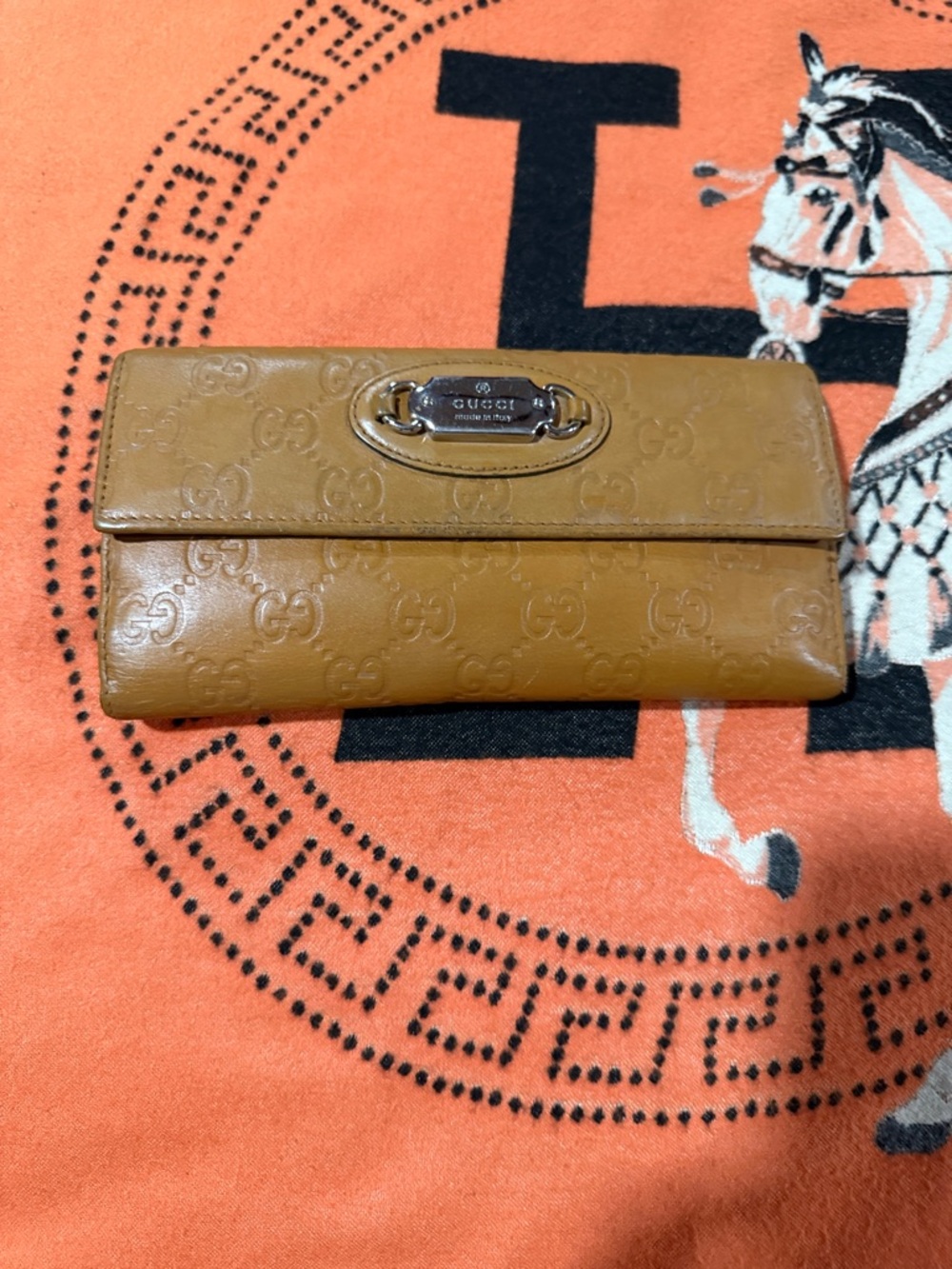 Gucci Caramel Embossed Leather Continental Wallet with Silver Plaque